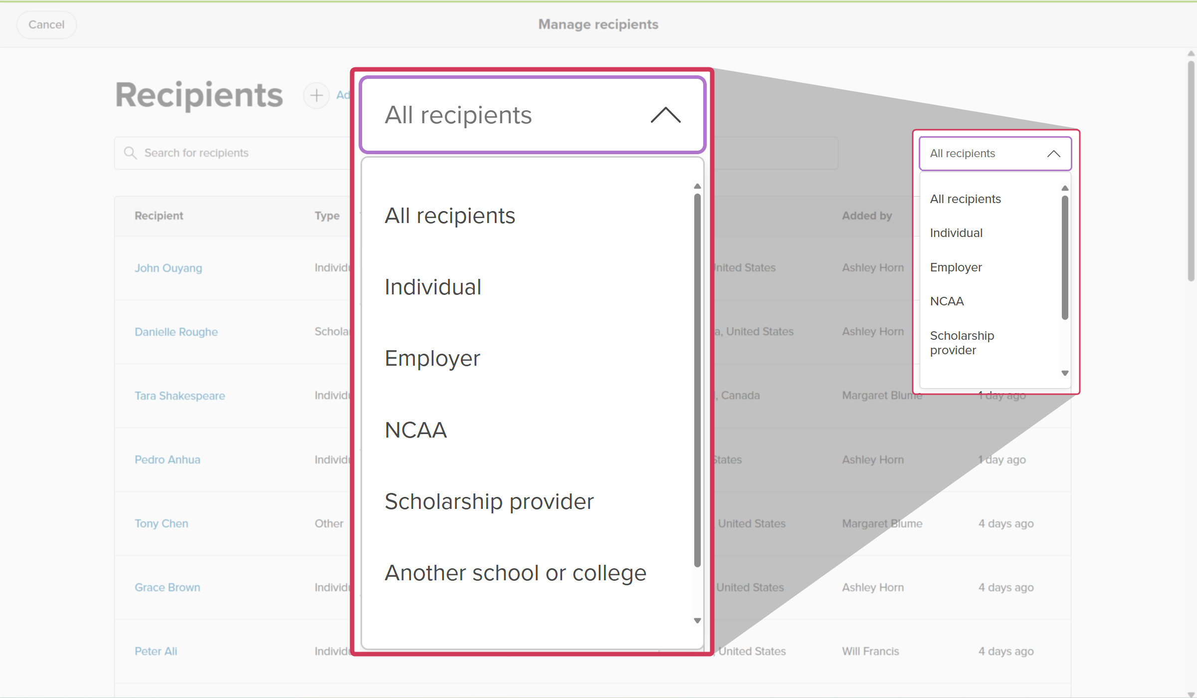Manage recipients page. The "All recipients" dropdown is open showing "All recipients", "Individual", "Employer", "NCAA", "Scholarship provider", and "Another school or college"